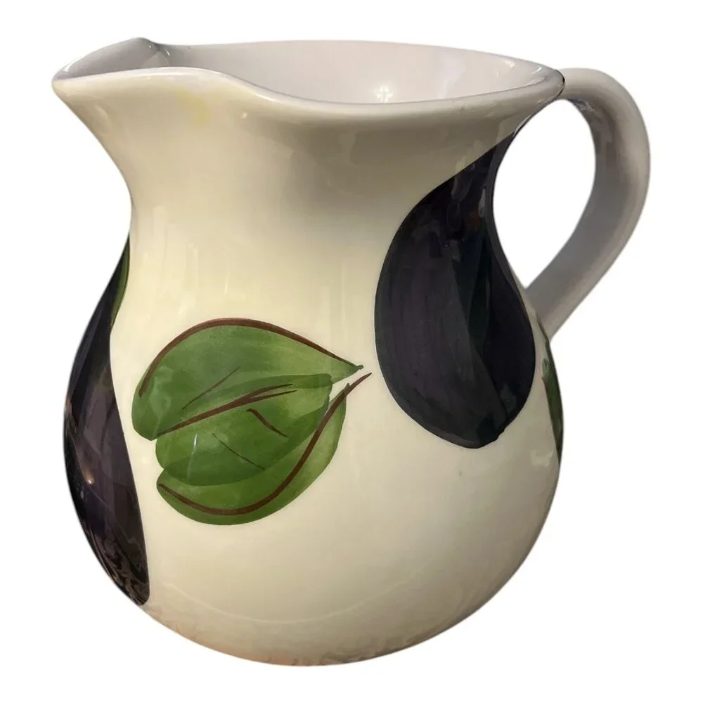 Hand-Painted Antica Fornace Italy Ceramic Pitcher With Eggplant & Leaf Design